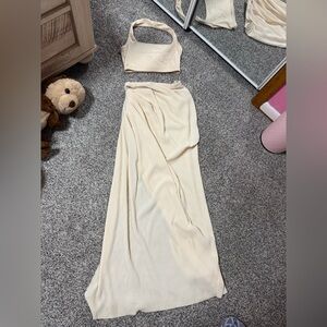 Women's Cream Ribbed Maxi Skirt and halter